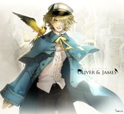  1boy animal animal_on_shoulder bandage_over_one_eye bandages bird bird_on_shoulder blonde_hair coat commentary_request finch hat james_(vocaloid) male_focus memipong oliver_(vocaloid) sailor_hat vocaloid yellow_eyes 