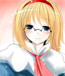  alice_margatroid bespectacled blonde_hair blue_eyes blush capelet commentary_request female glasses hairband han_(jackpot) over-rim_eyewear semi-rimless_eyewear short_hair smile solo touhou upper_body 