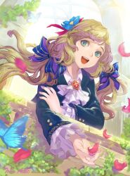  aqua_eyes arch ascot bad_id bad_pixiv_id badge blonde_hair buttons dutch_angle female flower frilled_sleeves frills hair_flower hair_ornament hair_ribbon holding_own_arm long_hair low-tied_long_hair motion_blur open_hand open_mouth original petals photoshop_(medium) ribbon smile solo tob veranda watermark web_address 