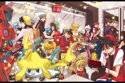  5girls 6+boys alternate_costume backwards_hat barry_(pokemon) baseball_cap black_hair blonde_hair blue_oak brendan_(pokemon) brown_hair commentary_request cup dawn_(pokemon) deoxys deoxys_(normal) disposable_cup eating eioai emerald_(pokemon) ethan_(pokemon) fast_food food french_fries glasses goggles goggles_on_headwear green_(pokemon) grin handheld_game_console hat holding holding_handheld_game_console holding_tray jirachi kris_(pokemon) looking_at_another lucas_(pokemon) may_(pokemon) mcdonald&#039;s multiple_boys multiple_girls nintendo_ds nintendo_dsi playing_games pokemon pokemon_(creature) pokemon_adventures red_(pokemon) silver_(pokemon) smile star_(symbol) straw_hat tray twintails yellow_(pokemon) yellow_eyes 