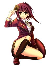  akiza_izinski alternate_age bangs big_breasts black_legwear female izayoi_aki kneeling long_hair pleated_skirt red_hair school_uniform skirt solo yellow_eyes yu-gi-oh! yu-gi-oh_5ds yuu-gi-ou_5d&#039;s 