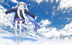  aqua_eyes blue_hair boots cloud coat commentary day female grin hatsune_miku kahadu_(kawazu) long_hair outstretched_arms scarf skirt sky smile snow solo spread_arms thigh_boots thighhighs twintails very_long_hair vocaloid white_scarf winter yuki_miku yuki_miku_(2011) 