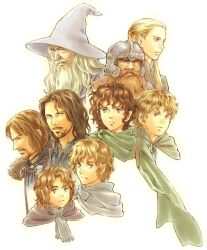  6+boys animification aragorn artist_request beard blonde_hair blue_eyes boromir brooch cape facial_hair frodo_baggins gandalf gimli hat helmet imageboard_desourced jewelry legolas long_hair male_focus manly meriadoc_brandybuck multiple_boys non-web_source peregrin_took samwise_gamgee short_hair simple_background the_lord_of_the_rings tolkien&#039;s_legendarium upper_body white_background white_hair wizard wizard_hat 