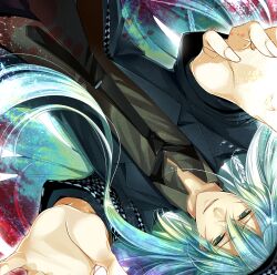  1boy amnesia_(idea_factory) aqua_hair bishounen commentary_request long_hair male_focus necktie ouka_mai ukyou_(amnesia) 