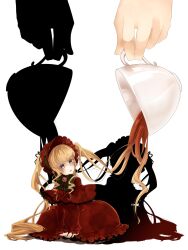  bad_id bad_pixiv_id blonde_hair blue_eyes blush bonnet bow commentary_request cup dress drill_hair female flower hairband highres kneeling long_hair memai mini_person minigirl photoshop_(medium) pouring rozen_maiden shinku solo teacup twintails very_long_hair 