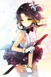  armpits black_hair bow cherrypin daisy female flower frills gloves hair_ribbon holding katana lowres mole one_side_up pleated_skirt ribbon shirt short_hair short_hair_with_long_locks sidelocks sita_vilosa skirt sleeveless sleeveless_shirt solo sword sword_girls thighhighs weapon white_thighhighs yellow_eyes 