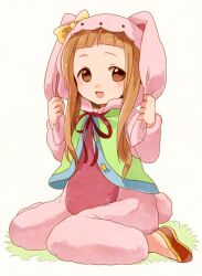  animal_costume brown_eyes brown_hair capelet chaba_(hortensia) commentary_request cosplay female hand_on_own_ear ichihara_nina idolmaster idolmaster_cinderella_girls kigurumi open_mouth pulling_own_ear rabbit_costume sitting smile solo wariza 