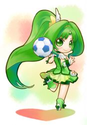  ball big_hair bike_shorts bike_shorts_under_skirt boots chibi commentary_request cure_march female full_body green_eyes green_footwear green_hair green_skirt green_theme hirai_yukio long_hair looking_back magical_girl midorikawa_nao precure skirt smile smile_precure soccer_ball solo standing standing_on_one_leg telstar tri_tails very_big_eyes wrist_cuffs 