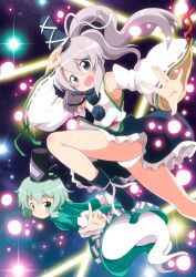  2girls arm_up bare_shoulders commentary_request danmaku detached_sleeves dress flying ghost_tail green_dress green_eyes green_hair grey_eyes grey_hair hat hat_ribbon highres lights long_hair massala mononobe_no_futo multiple_girls open_mouth panties pantyshot ponytail ribbon salute shirt short_hair skirt smile soga_no_tojiko sparkle tate_eboshi touhou underwear upskirt white_panties 