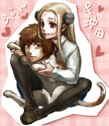  blonde_hair bolt_(hardware) brown_eyes brown_hair commentary_request feline female franken_fran glasgow_smile heart human_head lab_coat long_hair madaraki_fran okita_(franken_fran) pantyhose sinse sitting sitting_on_lap sitting_on_person stitches 