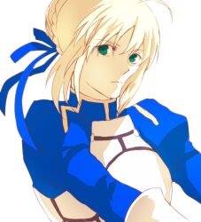  ahoge armor artoria_pendragon_(fate) bad_id bad_pixiv_id blonde_hair dress expressionless fate/stay_night fate_(series) female green_eyes hair_ribbon photoshop_(medium) puffy_sleeves ribbon saber_(fate) simple_background solo sukumaraku white_background 