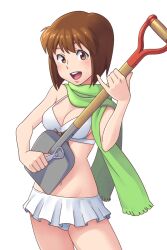  bikini bikini_skirt bob_cut bottle_opener breasts brown_eyes brown_hair cleavage commentary_request female green_scarf hagiwara_yukiho highres idolmaster idolmaster_(classic) looking_at_viewer medium_breasts navel open_mouth pinky_out sat_(yukipoha) scarf short_hair shovel solo swimsuit unconventional_guitar white_bikini 