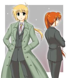  1boy ahoge blonde_hair blue_eyes emiya_kiritsugu_(cosplay) fate/zero fate_(series) female formal gloves hands_in_pockets long_coat long_hair longcoat lyrical_nanoha mahou_shoujo_lyrical_nanoha mahou_shoujo_lyrical_nanoha_strikers ponytail red_hair ribbon saber_(cosplay) shirt side_ponytail snow suit takamachi_nanoha yuuno_scrya 