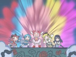  5girls akemi_homura akemi_homura_(magical_girl) anthony_(madoka_magica) bad_id bad_pixiv_id beret black_hair blonde_hair blue_hair bow cape chibi cnks drill_hair hairband hairbow hat kaname_madoka kaname_madoka_(magical_girl) long_hair lowres magical_girl mahou_shoujo_madoka_magica mahou_shoujo_madoka_magica_(anime) miki_sayaka miki_sayaka_(magical_girl) mirai_nikki multiple_girls oerba_yun_fang parody photoshop_(medium) pink_hair ponytail red_hair sakura_kyoko sakura_kyoko_(magical_girl) sentai short_hair short_twintails smoke standing super_sentai tomoe_mami tomoe_mami_(magical_girl) twin_drills twintails |_| 