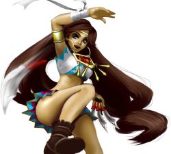  ass bad_id bad_pixiv_id binding black_eyes boots breasts brown_hair dark-skinned_female dark_skin female jewelry legs long_hair medium_breasts muscular skirt smile snail8 solo very_long_hair video_game 