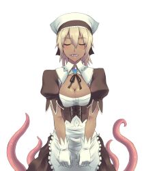  alternate_costume apron blonde_hair blush breasts bursting_breasts cleavage cleavage_cutout closed_eyes clothing_cutout cyzir_visheen dark-skinned_female dark_skin enmaided female gloves hachisame katawa_crash katawa_shoujo large_breasts maid monster_girl sharp_teeth short_hair solo teeth tentacle white_gloves 