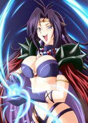  armlet blue_background blue_eyes breasts cape cleavage commentary_request crystal_earrings diesel-turbo earrings female gloves hair_intakes headband jewelry large_breasts long_hair magic multicolored_cape multicolored_clothes naga_the_serpent navel open_mouth purple_hair slayers solo two-sided_cape two-sided_fabric 