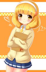  blonde_hair blush blush_stickers cardigan checkered commentary_request female hairband heart nanairogaoka_middle_school_uniform necktie orange_background precure school_uniform short_hair sketchbook skirt smile smile_precure solo tamago_kago white_hairband yayoi_kise yellow_eyes 