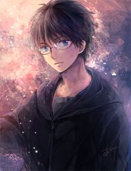  1boy black_hair blue_eyes chihayafuru commentary_request hood hoodie looking_at_viewer male_focus photoshop_(medium) s-kura solo wataya_arata 