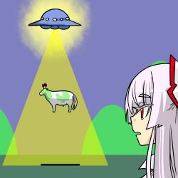  abduction animalization beam bovine bow commentary_request female floating fujiwara_no_mokou grey_hair hairbow hill horn_ornament horn_ribbon horns kamishirasawa_keine long_hair looking_at_another open_mouth red_eyes ribbon seki_(red_shine) simple_background single_horn solo touhou tractor_beam ufo 