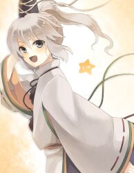  bad_id bad_pixiv_id blush female green_hair grey_hair hat japanese_clothes konbu_ame mononobe_no_futo ponytail short_hair skirt smile solo tate_eboshi touhou 