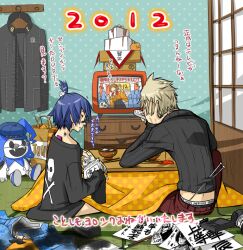  1boy 2012 alternate_costume alternate_hairstyle bad_id bad_pixiv_id cabbie_hat calligraphy calligraphy_brush choumoku_(toriko_b_c) clothes_writing drawing_on_another&#039;s_face female hanamura_yousuke hat jack_frost_(megami_tensei) kakizome kotatsu kuma_(persona_4) new_year paintbrush persona persona_4 photoshop_(medium) reverse_trap shirogane_naoto table tatsumi_kanji television translated 