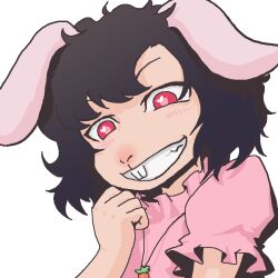  animal_ears arikui_(ooooalikui) black_hair blush buck_teeth carrot carrot_necklace commentary_request female inaba_tewi jewelry necklace pendant photoshop_(medium) pink_eyes rabbit_ears short_hair smile solo teeth touhou 