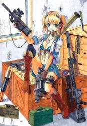  ammunition_belt ammunition_box beretta_92 bikini bikini_under_clothes bipod blonde_hair blue_eyes boots box breasts broken_glass bullet bullet_hole bullpup camouflage cartridge claymore_(mine) cleavage commentary_request copyright_request crate cross-laced_footwear digital_media_player dog_tags explosive female front-tie_top full_body glass gloves grenade grenade_launcher grin gun gun_sling handgun headphones knife lace-up_boots locked_slide looking_at_viewer magazine_(weapon) medium_breasts meso-meso milkor_mgl mine_(weapon) mouth_hold multiple_weapons navel on_box open_clothes open_shirt p90 rifle rocket_launcher scar school_uniform scope shell_casing shirt sitting sitting_on_box smaw smile sniper_rifle solo submachine_gun suppressor swimsuit twintails underboob weapon window xm2010 