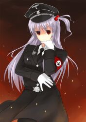  alternate_costume armband belt breasts commentary eluthel female gloves grey_hair hair_bobbles hair_ornament hat highres long_hair medium_breasts military military_uniform nazi necktie one_side_up peaked_cap red_eyes shinki_(touhou) smile solo swastika touhou touhou_(pc-98) uniform 