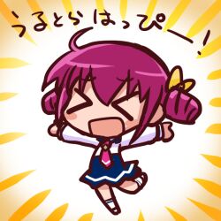  &gt;_&lt; :d blush_stickers bow chibi closed_eyes commentary_request drill_hair female hairbow hoshizora_miyuki ikkyuu necktie open_mouth outstretched_arms precure purple_hair school_uniform smile smile_precure solo translation_request twin_drills twintails xd 