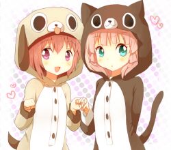  2girls :d akaza_akari animal_costume aqua_eyes buttons cat_costume commentary_request dog_costume holding_hands multiple_girls open_mouth pajamas pink_hair purple_eyes red_hair smile torotoro yoshikawa_chinatsu yuru_yuri 