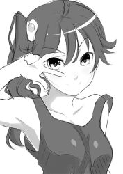  araragi_karen bad_id bad_pixiv_id dai_(uhyoko1102151) egg_(food) egg_hair_ornament female food food-themed_hair_ornament fried_egg greyscale hair_ornament monochrome monogatari_(series) nisemonogatari side_ponytail solo w w_over_eye 