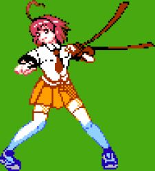  ahoge aino_heart arcana_heart commentary_request female heart heart_ahoge lowres misono_gakuen_school_uniform necktie nisedo orange_skirt pixel_art ribbon school_uniform short_hair skirt solo thighhighs very_short_hair wrist_bow zettai_ryouiki 