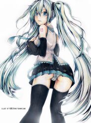  aqua_eyes aqua_hair artist_name ass ballpoint_pen_(medium) colored_pencil_(medium) commentary detached_sleeves female from_behind from_below hatsune_miku headset long_hair looking_back mixed_media necktie panties simple_background skirt solo striped_clothes striped_panties thighhighs thighs traditional_media trefoil twintails underwear very_long_hair vocaloid weyowang 