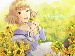  alternate_costume bad_id bad_pixiv_id blonde_hair choker collarbone dress female field flower flower_field green_eyes hairband highres holding holding_flower maruishi natalia_luzu_kimlasca_lanvaldear official_alternate_costume rapeseed_blossoms short_hair smile solo tales_of_(series) tales_of_the_abyss yellow_choker yellow_flower yellow_theme 