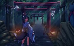  animal animal_ears black_hair feline foxgirl japanese_clothes night photoshop purple_eyes scenic short_hair tail vfenster 