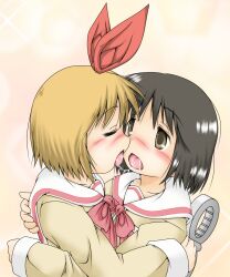  2girls annaka_haruna black_hair blonde_hair blush commentary_request gaketsu multiple_girls nichijou ribbon saliva saliva_trail school_uniform serafuku shinonome_nano short_hair tokisadame_school_uniform tongue winding_key yuri 