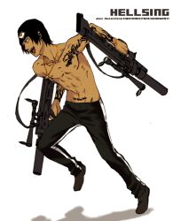  1boy abs beanie black_hair bracelet dark_skin dual_wielding earrings gun hat hellsing jan_valentine jewelry male male_focus muscle navel necklace open_mouth pants piercing shirtless shoes solo tan tattoo topless vampire weapon 