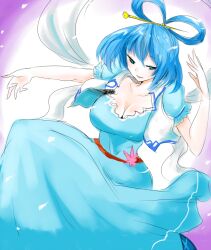  blue_dress blue_eyes blue_hair breasts cleavage commentary_request dress female hagoromo hair_ornament hair_rings hair_stick han_(jackpot) kaku_seiga large_breasts shawl short_hair solo touhou 