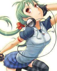  arm_strap arm_up audio-technica black_gloves breasts cable commentary_request female fingerless_gloves gloves green_hair hair_ribbon hand_on_headphones headphones headphones_girl_(itou) highres hood hood_down hoodie itou_(onsoku_tassha) legs_folded medium_breasts original parted_lips plaid plaid_skirt ponytail raglan_sleeves red_eyes red_ribbon ribbon shoes simple_background skirt solo star-shaped_pupils star_(symbol) striped_clothes striped_thighhighs symbol-shaped_pupils thighhighs zipper 