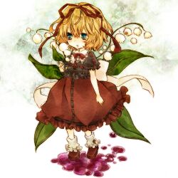  bad_id bad_pixiv_id blonde_hair blue_eyes bow dress female flower full_body hair_ribbon koura_higure lily_of_the_valley medicine_melancholy open_mouth puddle ribbon short_hair solo touhou 