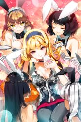  5girls animal_ears arm_up armpits bad_id bad_pixiv_id bare_shoulders black_hair black_legwear blonde_hair blunt_bangs bow bowtie braid breasts brown_hair brush character_request cherrypin choker cleavage closed_eyes cup detached_collar fake_animal_ears glasses grey_hair hairband harem head_rest headdress holding jewelry lace lesnoa_(sword_girls) linia_pacifica long_hair medium_breasts mop_maid multiple_girls panties panties_under_pantyhose pantyhose photoshop_(medium) pillow pimp playboy_bunny purple_eyes rabbit_ears red_eyes ring short_hair sitting skirt sleeveless smile sparkle sword_girls twin_braids underwear white_hair yellow_eyes yuri 