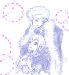  1boy fairy_tail female formal fur headphones height_difference hug hug_from_behind laxus_dreyar lisanna lisanna_strauss monochrome spiked_hair spikes spiky_hair suit 