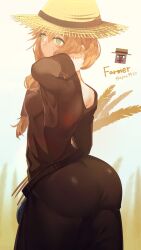  anthro big_ass black_dress dress green_eyes hat light-skinned_female minecraft mob_talker red_hair straw_hat tagme tied_hair villager_(minecraft) wheat 