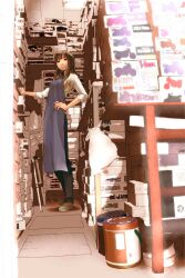  agripa apron bad_id bad_pixiv_id brown_eyes brown_hair female fluorescent_lamp hand_on_own_hip highres original photoshop_(medium) shop solo standing 