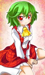  ascot bad_id bad_pixiv_id female green_hair kazami_yuuka open_clothes open_vest red_eyes shinjitsu shirt short_hair sitting skirt skirt_set smile solo touhou v_arms vest wariza 