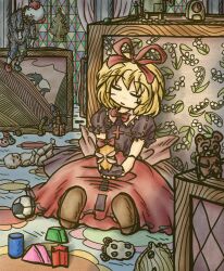  ball blonde_hair bow clock closed_eyes clown commentary_request doll doll_joints female hairbow joints medicine_melancholy short_hair smile soccer_ball solo stuffed_animal stuffed_toy su-san teddy_bear touhou toy wings ys_(ytoskyoku-57) 