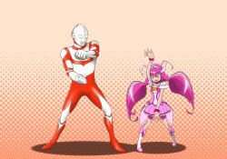  &gt;_&lt; 1boy :d closed_eyes commentary_request crossover cure_happy female halftone halftone_background height_difference hoshizora_miyuki kijinaka_mahiro magical_girl open_mouth photoshop_(medium) pink_hair precure smile smile_precure standing tiara twintails ultra_series ultraman:_towards_the_future ultraman_great xd 