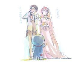  1boy aged_up bouquet bridal_veil brown_hair closed_eyes commentary_request couple doraemon doraemon_(character) dress elbow_gloves female flower formal glasses gloves hair_ornament jewelry minamoto_shizuka necklace neutral_14 nobi_nobita short_hair smile straight suit tail tears translated veil wedding_dress 