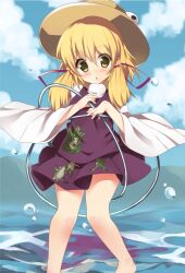  bad_id bad_pixiv_id blonde_hair blush cloud day female frog hair_ribbon hat long_hair moriya&#039;s_iron_rings moriya_suwako ribbon solo supershiruco touhou water yellow_eyes 